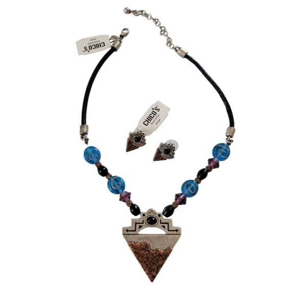 New Chico's Aztec Arrow Art Glass Bead Silver Copper Tone Necklace Earrings Set - Picture 2 of 7